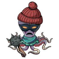 tekenfilm gangster cyborg Octopus karakter vervelend leger kleding en een oorlog foelie. illustratie voor fantasie, wetenschap fictie en avontuur comics vector