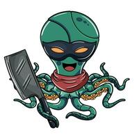 tekenfilm kwaadaardig leger cyborg Octopus karakter vervelend oog masker Holding een vlees mes. illustratie voor fantasie, wetenschap fictie en avontuur comics vector
