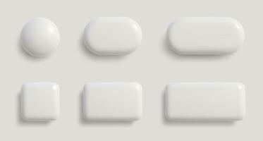 wit monochroom 3d knop reeks in verschillend vormen. blanco glanzend ronde, plein en rechthoek insignes. vector