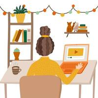 meisje is zittend voordat computer en aan het kijken leerzaam of recreatief video, film. terug visie. modern concept van online opleiding, vrije tijd. vector illustratie met jong vrouw Bij knus huis kantoor.