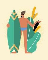 zomer man met zwemkleding surfplank en bladeren vector design