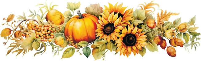 waterverf tekening. herfst samenstelling met oogst, met pompoenen en zonnebloem bloemen in wijnoogst stijl. dankzegging kaart decoratie, herfst, oogst festival vector