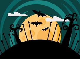 happy halloween-kaart met vleermuizen die 's nachts vliegen vector