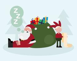 kerstman en elf slapen in cadeauzakje kerstfiguren vector