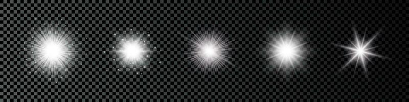 licht effect van lens fakkels. reeks van vijf wit gloeiend lichten starburst Effecten met sparkles Aan een donker vector
