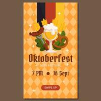 oktoberfeest Duitse bier festival verticaal sociaal media verhalen sjabloon. ontwerp met glas van bier, vork met gegrild worst, krakeling, tarwe en bladeren, Duitsland vlag. licht oranje ruit patroon vector