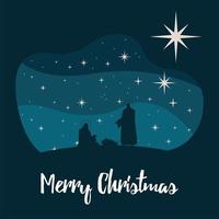 happy merry christmas belettering met heilige familie silhouet scene vector