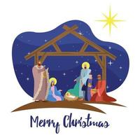 gelukkig vrolijk kerstfeest belettering met heilige familie in stal vector