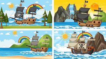 set van oceaan met piratenschip op verschillende tijdstippen scènes in cartoon-stijl vector