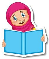 sticker sjabloon met een moslim meisje leesboek geïsoleerd vector