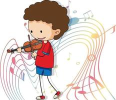 cartoon doodle een jongen viool spelen met melodie symbolen op witte achtergrond white vector