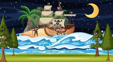 oceaan met piratenschip bij nachtscène in cartoonstijl vector