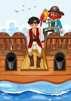 piraatconcept met een jongensbeeldverhaalkarakter die de plank op het geïsoleerde schip lopen vector