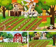 verschillende boerderijscènes met stripfiguur van boerderijdieren vector