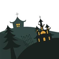 halloween-huizen met dennenboom en poort vectorontwerp vector