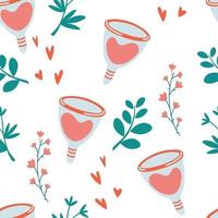 naadloos patroon met menstruatiecup. nul afvalperiodes bloemenachtergrond. vrouwelijke hygiëneproducten. milieuvriendelijke herbruikbare menstruatiecups met bloemen. voor stof en print. cartoon vector textuur.