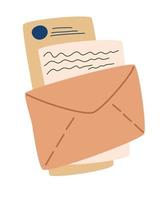 envelop met brieven. enveloppen versturen. ansichtkaart, papieren post met poststempel, lakzegel en postzegel, notitie en open handgemaakte envelop. vector platte cartoon afbeelding