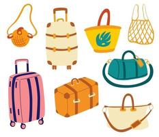 tassen ingesteld. toeristische reiskoffers, reistassen, bagage, tassen voor zakenreizen, vakanties, vrije tijd. zomervakantie. reizen cartoon vectorillustratie. vector