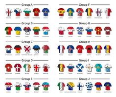 kwalificatie loting voor europees voetbaltoernooi 2020. groep internationale teams. voetbalshirt met golvend patroon van de landvlag. witte thema achtergrond. vector. vector