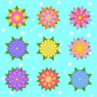 een set van prachtige kleurrijke bloemen op een blauwe sterrenhemel. negen opties. geschikt voor ontwerp. vector