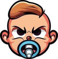 boos kleuter met een fopspeen in mond mascotte tekenfilm vector illustratie, baby met dummy , binky of fopspeen vector beeld , gekleurde en zwart en wit voorraad vector