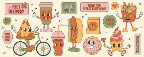 retro groovy tekenfilm mascotte set. snel voedsel stickers voor restaurant, cafe en levering. vector