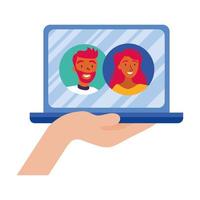 vrouw en man avatar op laptop in videochat vector ontwerp