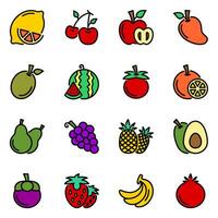 fruit kleur lijn pictogrammen set. keerkring, hartinfarct, gevoerd, vitamine, schets, vegetarisch, Gezondheid, voeding, druif, sap, illustratie, limoen, Peer, aardbei, appel, tropisch vector