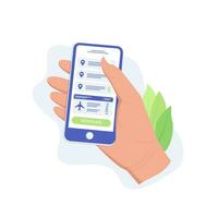 vlak ticket app concept. online boodschappen doen kopen vlak ticket. hand- Holding smartphone. vector illustratie.