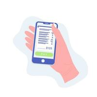 online betaling concept. hand- Holding smartphone met factuur Bill papier. mobiel telefoon met elektronisch rekening. modieus vlak stijl. vector illustratie.
