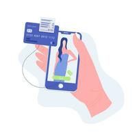 boodschappen doen online concept. hand- houdt smartphone met mooi jurk en bank kaart transactie. modieus vlak stijl. vector illustratie.
