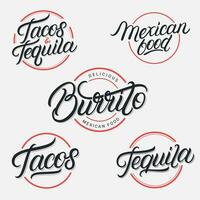 Mexicaans voedsel en drinken tequila, taco's, burrito belettering logo's, etiketten, emblemen, tekens set. gebruik voor Mexicaans restaurant, cafe, tussendoortje bar. wijnoogst retro stijl. modern kalligrafie. vector illustratie.