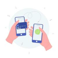 geld transactie online concept. mobiel betalingen gebruik makend van smartphone. hand- Holding een mobiel telefoon en credit kaart overdracht Aan scherm. modieus vlak stijl. vector illustratie.