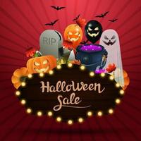 Halloween-uitverkoop, houten bord met spook, jack-pompoen, ballonnen, grafsteen, slinger, heksenketel en drankje. vector