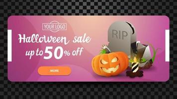 halloween-uitverkoop, korting roze horizontale banner, modern design met belettering, grafsteen en pompoen jack vector