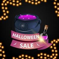 Halloween-uitverkoop en kortingsweek, kortingsbanner met roze lint en heksenketel met drankje vector