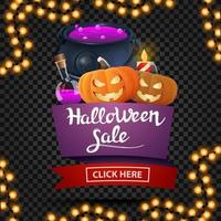 Halloween-uitverkoop en kortingsweek, kortingsbanner in de vorm van lint met heksenketel en pompoenhefboom vector