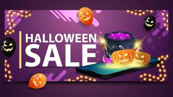 Halloween-uitverkoop, moderne paarse banner voor website met ballons, slinger en smartphone waaruit het wordt geprojecteerd heksenketel en pompoen jack vector