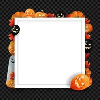 halloween-sjabloon in de vorm van een vel papier met halloween-decor. vierkante sjabloon met halloween-ballonnen, pompoen, spook en herfstbladeren vector