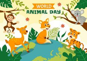 wereld dier dag vector illustratie met divers dieren of dieren in het wild voor leefgebied bescherming en Woud in vlak tekenfilm achtergrond Sjablonen