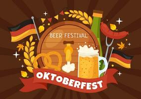 gelukkig oktoberfeest partij festival vector illustratie met bier, worst, ontbijtkoek, Duitse vlag en ets achtergrond vlak tekenfilm hand- getrokken Sjablonen
