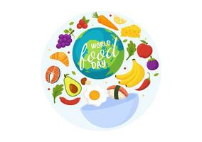 wereld voedsel dag vector illustratie Aan 16 oktober met divers voedsel, fruit en groente in vlak tekenfilm hand- getrokken achtergrond Sjablonen