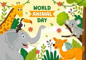 wereld dier dag vector illustratie met divers dieren of dieren in het wild voor leefgebied bescherming en Woud in vlak tekenfilm achtergrond Sjablonen