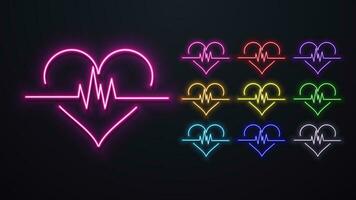 een reeks van neon hart pictogrammen met een cordiogram in helder kleuren. logo voor geneesmiddel. vector