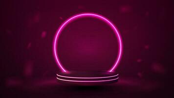 Purper podium met een helder neon ronde boog. gloeiend 3d platform in de kamer. vector