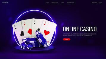 een web banier met kaarten, chips en Dobbelsteen voor poker Aan de podium met een neon kader Aan een blauw achtergrond. een casino-thema concept voor een website met tekst. vector