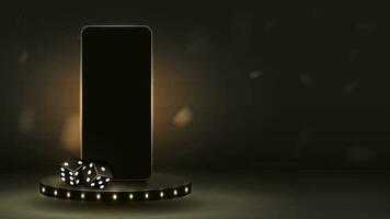3d smartphone Aan een zwart podium met poker Dobbelsteen. een concept voor een casino met een mobiel telefoon Aan een platform met een gouden achtergrond. vector