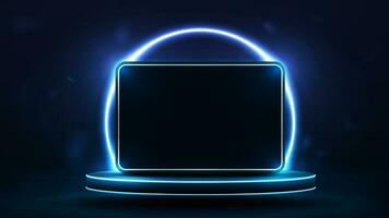 een tablet Aan een podium met een neon ronde boog Aan een donker blauw achtergrond. vector