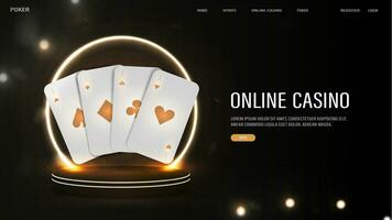 een web banier met wit en goud poker kaarten. helder neon boog Aan de podium. een poster voor een casino. vector