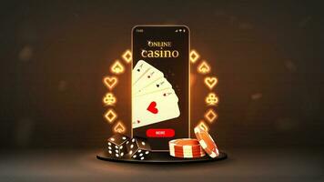 een web banier met een smartphone met kaarten, Dobbelsteen en poker chips Aan een podium met een neon kader. een concept voor een casino-thema website. vector